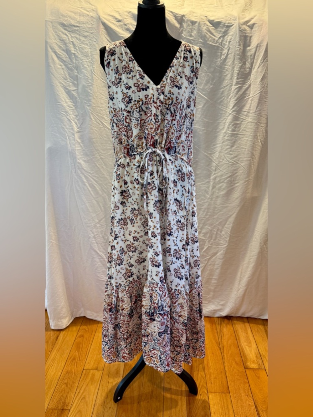 Lucky Brand White Floral Maxi Dress with Rust and Navy Prints